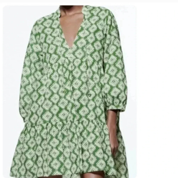 Zara Cadie Geometric Green Mini Smock Dress Boho, Cottagecore SZ Small - Picture 2 of 13